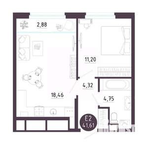 1-к квартира, вторичка, 42м2, 2/18 этаж