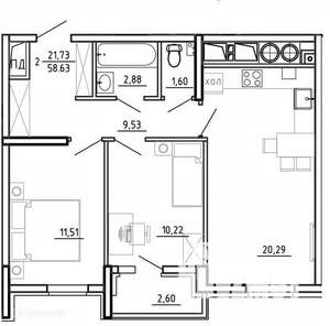 2-к квартира, вторичка, 59м2, 23/26 этаж