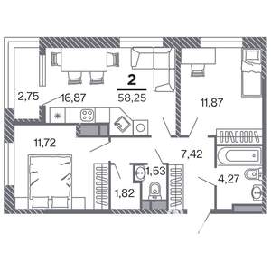 2-к квартира, строящийся дом, 58м2, 1/25 этаж