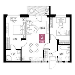 2-к квартира, строящийся дом, 59м2, 6/9 этаж