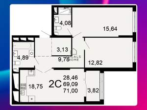 2-к квартира, вторичка, 71м2, 2/26 этаж