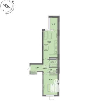 1-к квартира, вторичка, 49м2, 2/22 этаж