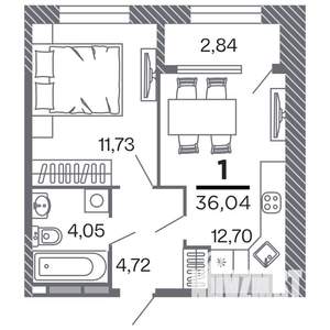 1-к квартира, строящийся дом, 36м2, 15/25 этаж