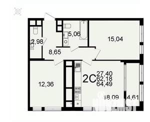 2-к квартира, вторичка, 64м2, 24/26 этаж