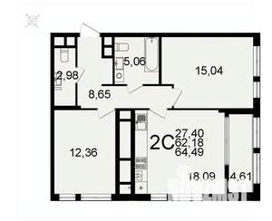 2-к квартира, вторичка, 64м2, 19/26 этаж