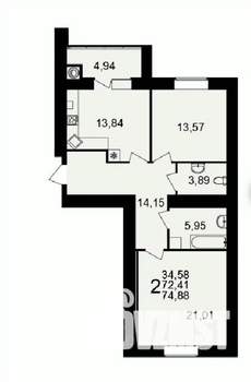 2-к квартира, вторичка, 75м2, 14/16 этаж