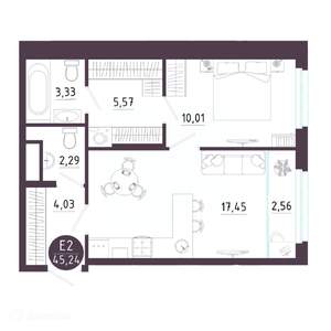 1-к квартира, вторичка, 45м2, 10/19 этаж