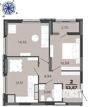 2-к квартира, вторичка, 53м2, 12/25 этаж