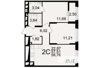 2-к квартира, вторичка, 58м2, 19/25 этаж