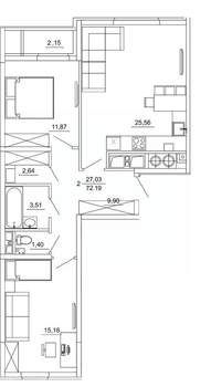 2-к квартира, вторичка, 72м2, 1/26 этаж