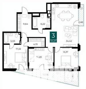 3-к квартира, вторичка, 111м2, 6/8 этаж
