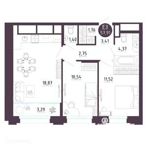 2-к квартира, вторичка, 58м2, 2/19 этаж