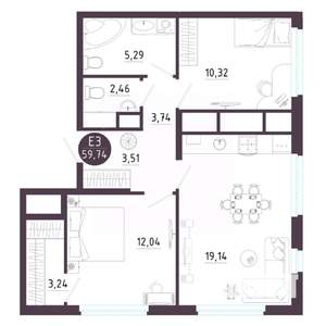 2-к квартира, вторичка, 60м2, 9/18 этаж