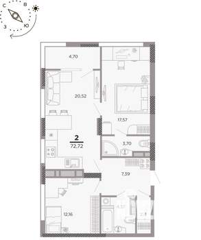 2-к квартира, вторичка, 73м2, 9/25 этаж
