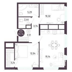 2-к квартира, вторичка, 60м2, 4/19 этаж