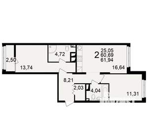 2-к квартира, вторичка, 61м2, 11/25 этаж