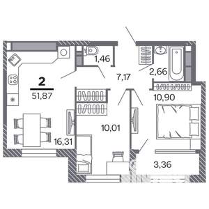 2-к квартира, строящийся дом, 52м2, 16/25 этаж