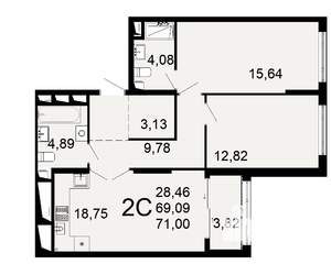 2-к квартира, вторичка, 69м2, 13/26 этаж
