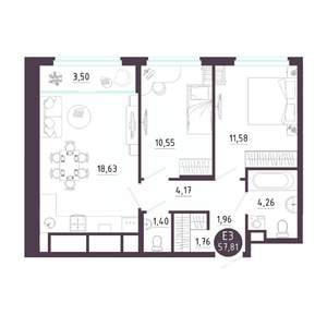 2-к квартира, вторичка, 58м2, 3/18 этаж