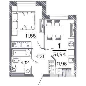 1-к квартира, строящийся дом, 32м2, 12/25 этаж