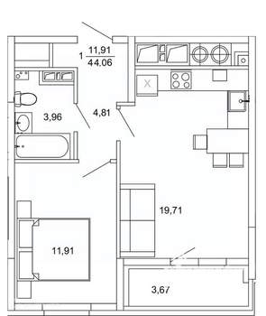 1-к квартира, вторичка, 44м2, 4/26 этаж