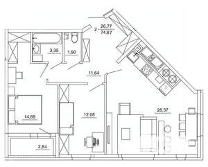 2-к квартира, вторичка, 75м2, 7/26 этаж