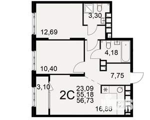 2-к квартира, вторичка, 55м2, 14/22 этаж