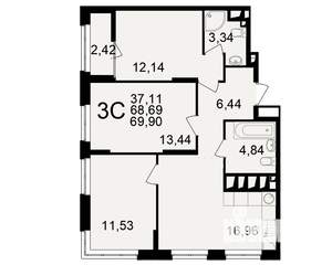 3-к квартира, вторичка, 69м2, 23/25 этаж