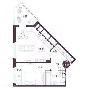 1-к квартира, вторичка, 50м2, 2/19 этаж