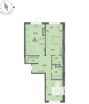 2-к квартира, вторичка, 72м2, 8/22 этаж