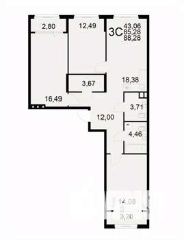3-к квартира, вторичка, 88м2, 2/22 этаж