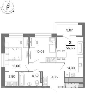 2-к квартира, строящийся дом, 57м2, 9/15 этаж
