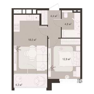1-к квартира, строящийся дом, 45м2, 7/8 этаж