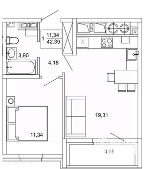 1-к квартира, вторичка, 42м2, 4/26 этаж