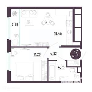 1-к квартира, вторичка, 42м2, 3/19 этаж