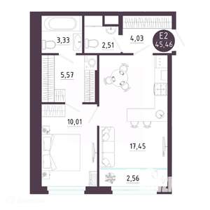 1-к квартира, вторичка, 45м2, 7/19 этаж