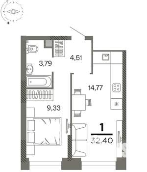 1-к квартира, вторичка, 32м2, 24/26 этаж