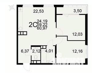 2-к квартира, вторичка, 61м2, 3/22 этаж