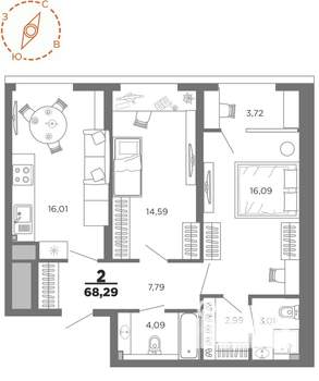 2-к квартира, вторичка, 68м2, 7/22 этаж