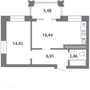 1-к квартира, вторичка, 44м2, 2/6 этаж