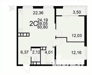 2-к квартира, вторичка, 61м2, 15/22 этаж
