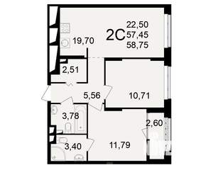 2-к квартира, вторичка, 57м2, 5/25 этаж