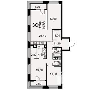 3-к квартира, вторичка, 94м2, 11/26 этаж
