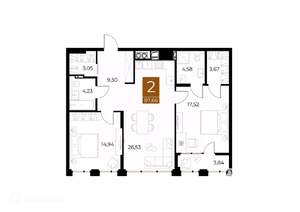 2-к квартира, вторичка, 88м2, 4/9 этаж