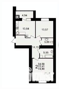 2-к квартира, вторичка, 75м2, 15/16 этаж