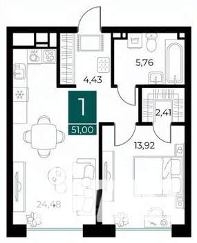 1-к квартира, вторичка, 51м2, 5/13 этаж