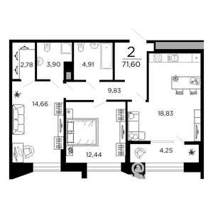 2-к квартира, вторичка, 72м2, 18/19 этаж