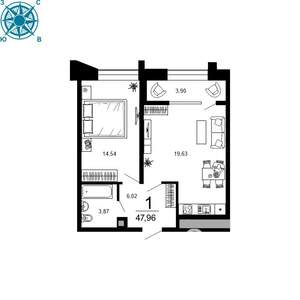 1-к квартира, вторичка, 48м2, 9/19 этаж