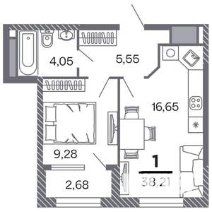1-к квартира, строящийся дом, 38м2, 13/25 этаж