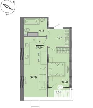 1-к квартира, вторичка, 38м2, 9/22 этаж
